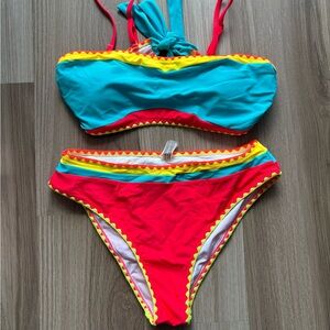 Colorblock Turquoise and Red Women’s Bikini Set with Yellow Trim